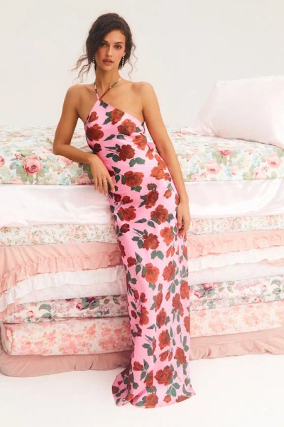 Lulus Malito Pink Rose Print Satin Lace-up Maxi Dress