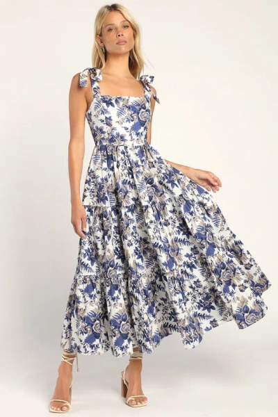 Lulus Mallorca Memories White Floral Print Tiered Tie-strap Maxi Dress