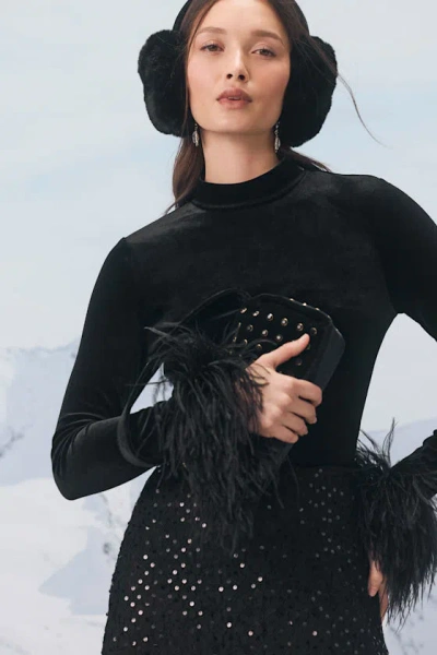 Lulus Malva Black Velvet Feather Cuff Long Sleeve Top