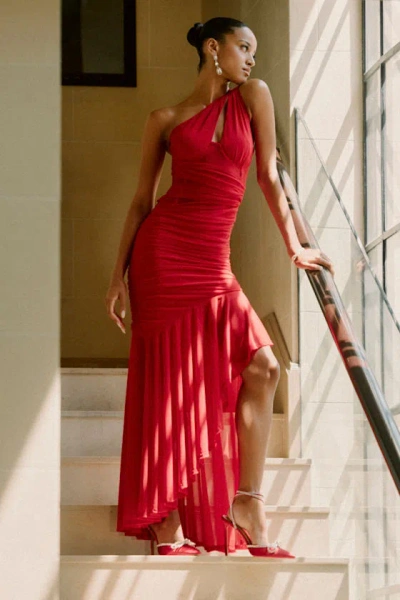 Lulus Marcellina Red Mesh Ruched One-shoulder Maxi Dress