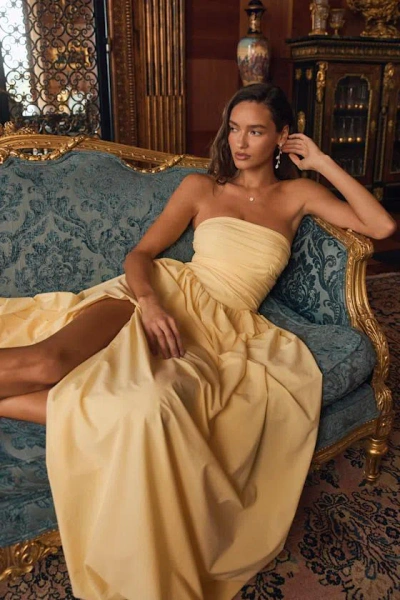 Lulus Marilou Light Yellow Strapless Ruched Lace-up Maxi Dress In Brown