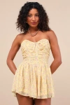 Lulus Marinella Yellow Floral Ruched Strapless Romper