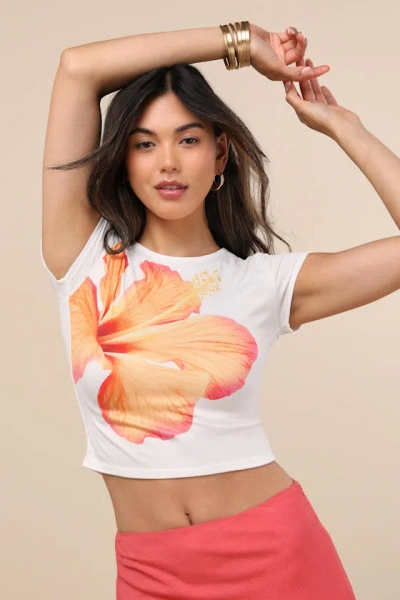 Lulus Marita White Short Sleeve Cropped Hibiscus Graphic Tee