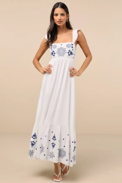 Lulus Marla Ivory Linen Embroidered Maxi Dress
