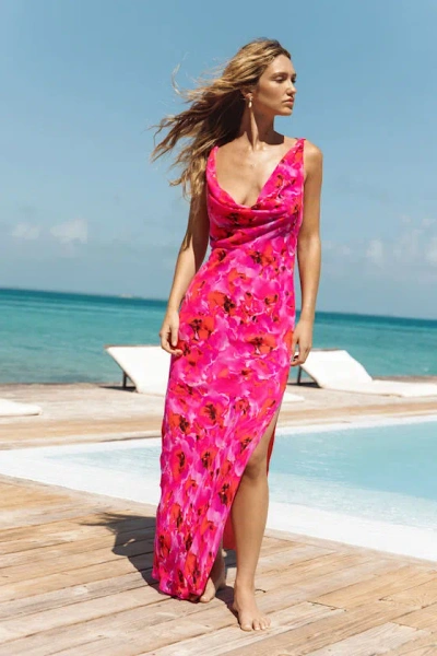 Lulus Marlesa Hot Pink Floral Cowl Back Maxi Dress