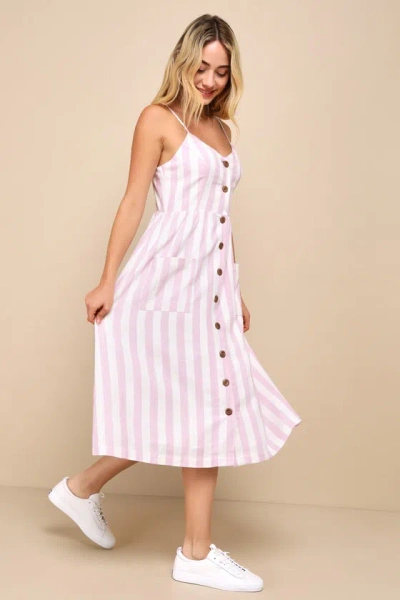 Lulus Marseille Mood Pink Striped Linen Midi Dress With Pockets
