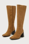 Lulus Marvari Taupe Suede Square-toe Knee-high High Heel Boots In Taupe