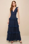 LULUS MARVELOUS DARLING NAVY BLUE LACE RUFFLED TIERED MAXI DRESS