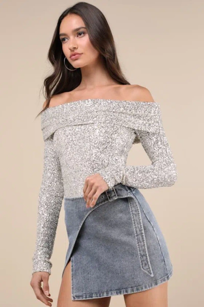 Lulus Marvelous Dazzle Champagne Sequin Off-the-shoulder Top