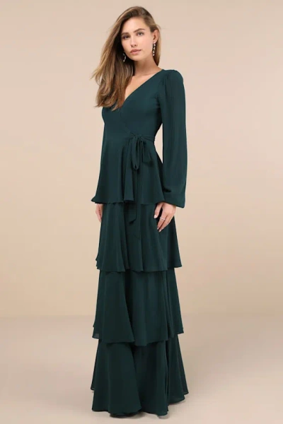 Lulus Marvelous Grace Emerald Long Sleeve Tiered Wrap Maxi Dress In Green
