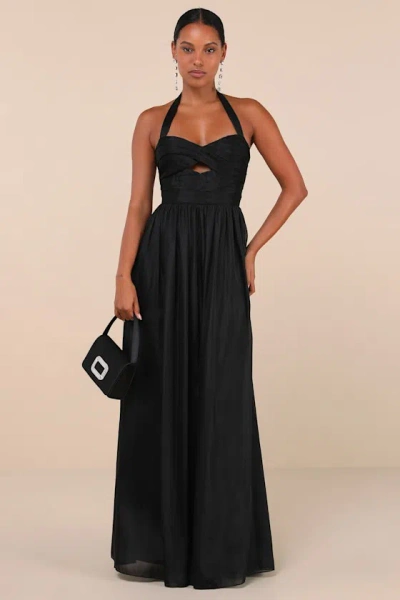 Lulus Marvelous Impression Black Pleated Halter Cutout Maxi Dress