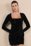 Lulus Marvelous Radiance Black Sequin Cutout Long Sleeve Mini Dress In Black