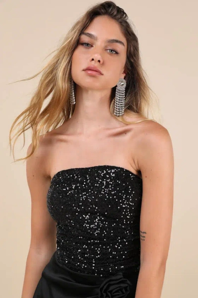 Lulus Marvelous Shine Black Mesh Sequin Strapless Crop Top