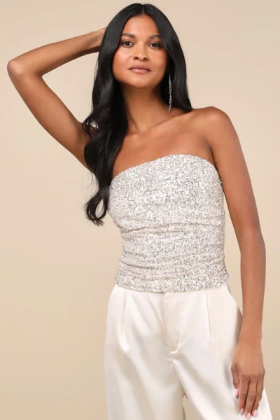 Lulus Marvelous Shine Champagne Mesh Sequin Strapless Crop Top