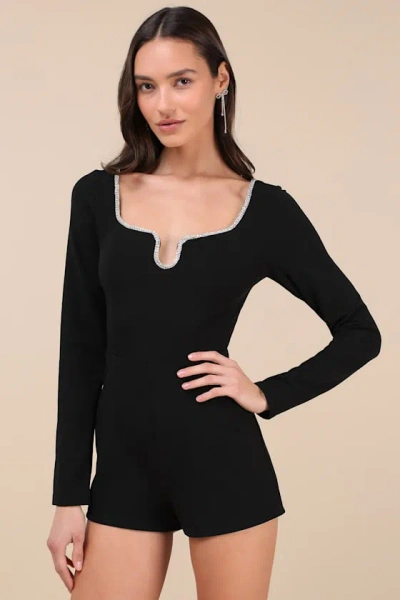 Lulus Marvelous Sparkle Black Rhinestone Long Sleeve Romper