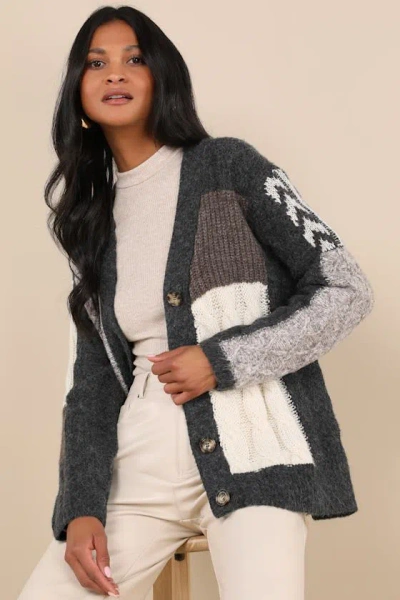 Lulus Marvelously Cozy Grey Multi Patchwork Cardigan Sweater