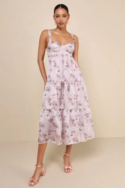 Lulus Marvelously Darling Mauve Floral Tiered Backless Midi Dress In Purple