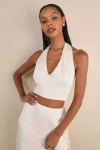 Lulus Marvelously Sleek Champagne Satin Crinkled Halter Crop Top In Champagne