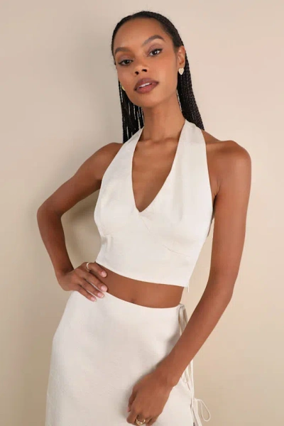 Lulus Marvelously Sleek Champagne Satin Crinkled Halter Crop Top