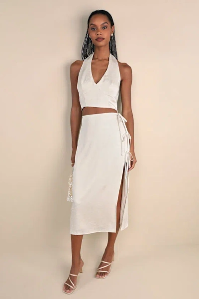 Lulus Marvelously Sleek Champagne Satin Crinkled Side-tie Midi Skirt