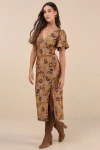 Lulus Marvelously Stylish Brown Floral Flutter Sleeve Midi Dress In Brown