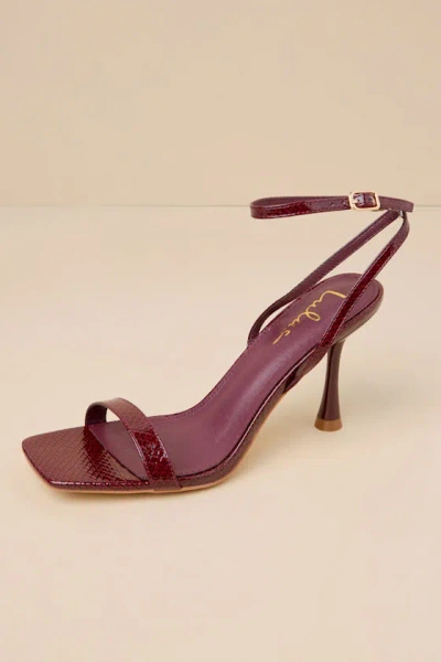 Lulus Marven Wine Patent Snake-embossed Ankle Strap High Heel Sandals In Red