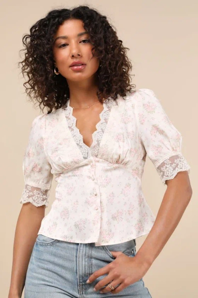Lulus Maryse Cream And Pink Ditsy Floral Satin Lace Top In White