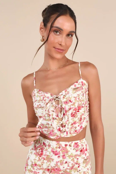 Lulus Mastered Elegance Ivory Multi Abstract Print Lace-up Cami Top