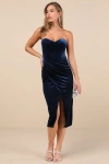 Lulus Masterfully Flirty Dark Blue Velvet Bustier Midi Dress In Dark Blue
