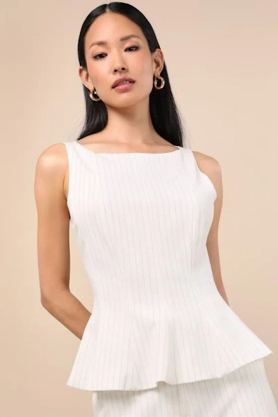 Lulus Matija White Pinstriped Boat Neck Peplum Sleeveless Top