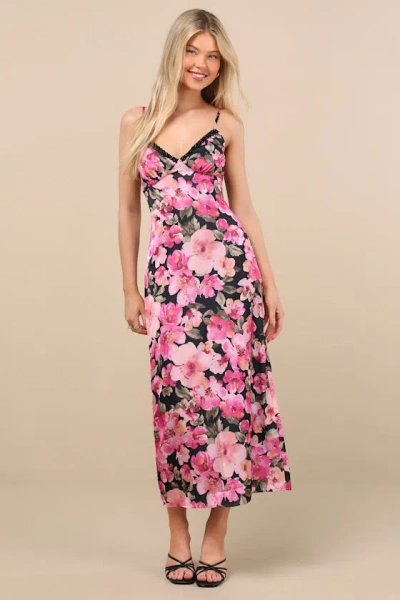 Lulus Mattie Black And Pink Floral Satin Lace Midi Slip Dress