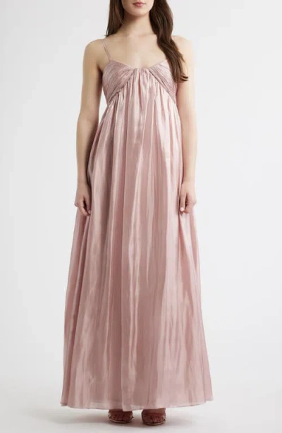 Lulus Matty Ruched Metallic Sleeveless Gown In Gold