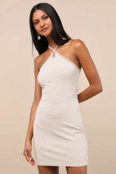 Lulus Maveline Beige Striped Ribbed Knit Halter Mini Dress