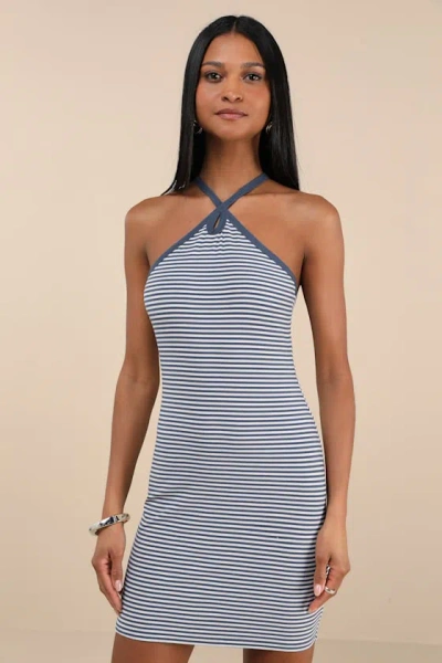 Lulus Maveline Blue Striped Ribbed Knit Halter Mini Dress