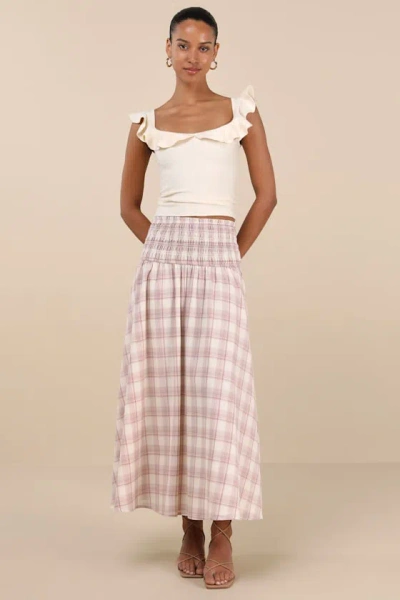 Lulus Mayden Pink And Cream Plaid Smocked Maxi Skirt