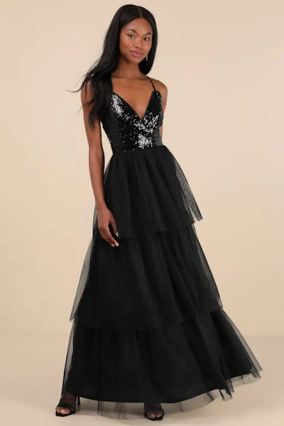 Lulus Maydon Black Tulle Sequin Tiered Maxi Dress