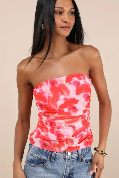 Lulus Maylin Red Abstract Print Mesh Strapless Top
