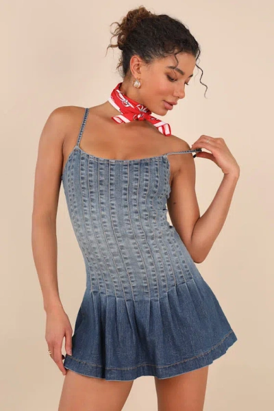 Lulus Mazikeen Medium Wash Ombre Denim Pleated Mini Dress In Blue