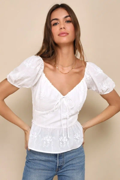 Lulus Meadow Moment White Floral Embroidered Puff Sleeve Top