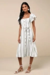 Lulus Mediterranean Moves Olive Striped Flutter Sleeve Midi Dress In White
