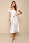 Lulus Mediterranean Moves White Striped Flutter Sleeve Midi Dress In White
