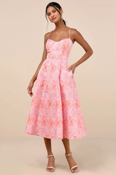 Lulus Meet For Tea Pink Jacquard Bustier Midi Dress With Pockets