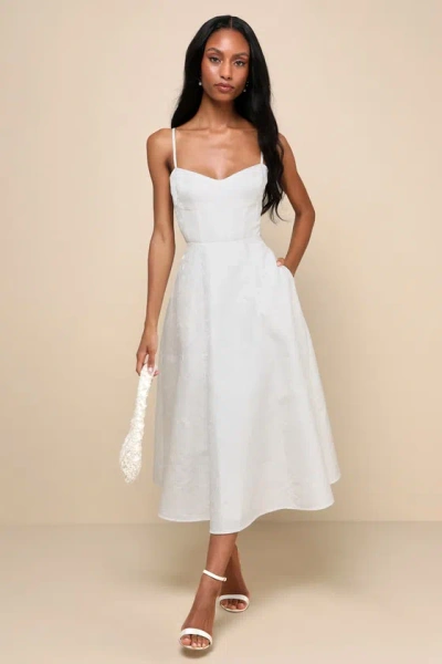 Lulus Meet For Tea White Jacquard Bustier Midi Dress With Pockets