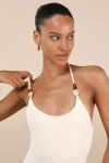 Lulus Meike Cream Textured Knit Beaded Halter Midi Dress