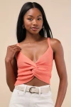 Lulus Melika Coral Orange Ribbed Knotted Crop Tank Top