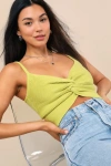 Lulus Melika Lime Green Ribbed Knotted Crop Tank Top