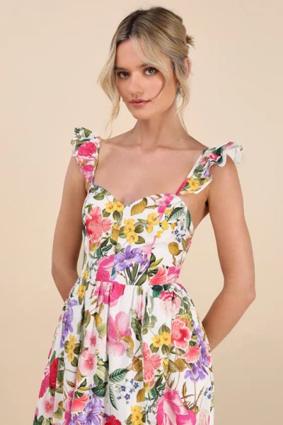 Lulus Melodie White Multi Floral Ruffled Midi Dress
