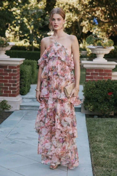 Lulus Melody Pink Multi Floral Tiered Halter Maxi Dress