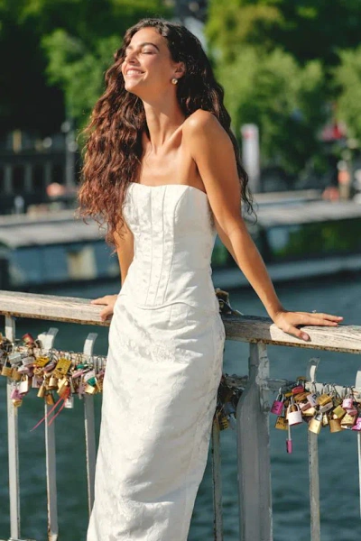Lulus Melva White Satin Jacquard Two-piece Bustier Maxi Dress