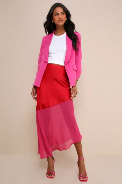 Lulus Memorable Approach Red And Pink Color Block Satin Midi Skirt